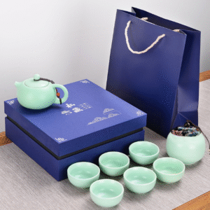 Ding kiln green private collection one pot, six cups and one jar blue gift box