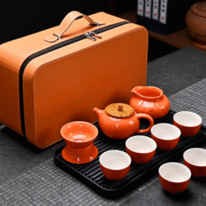 Persimmon Ruyi Pot 6 Cups + Filter Set + Tea Seas + Tea Tray + Carrying Leather Bag
