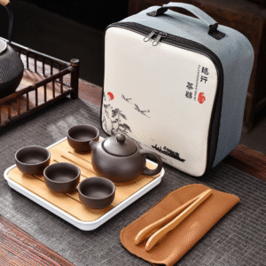 Purple Clay Tea Pot with 4 Cups + Tea Towel + Four Square Bag