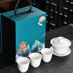 Pure white bowl set with 3 cups and small carrying case