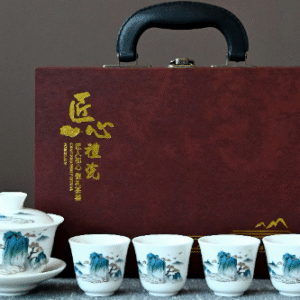 Jade Lidded Bowl + 4 Cups + Artisan Brown Carrying Case