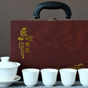 Jade_Pure White Lidded Bowl+4 Cups+Craftsmanship Brown Carrying Case