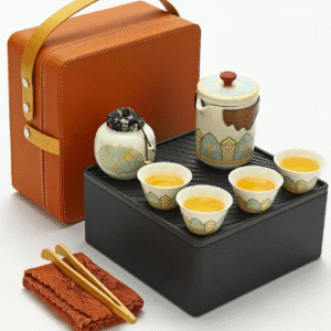 Gilt White One Pot 4 Cups One Canister Recipe Shaped Leather Wrapped Black Tea Tray