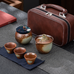 Zen Shibaishi 3 cups in one pot with brown leather bag