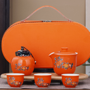 Zen Persimmon Ruyi One pot, 3 cups, one can, one plate with oval leather bag
