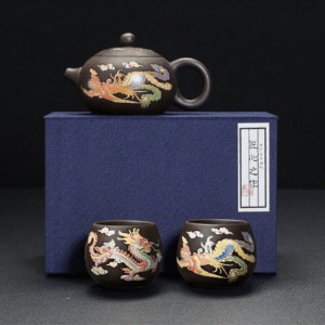 Color-changing Purple Sand Dragon and Phoenix Tea Set_2 cups in one pot [in a brocade box].