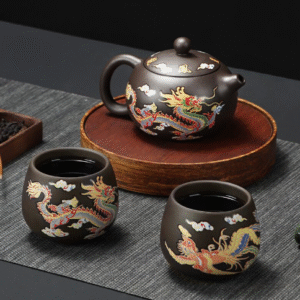 Color Changing Alabaster Dragon and Phoenix Tea Set_2 cups in one pot [Security Package].