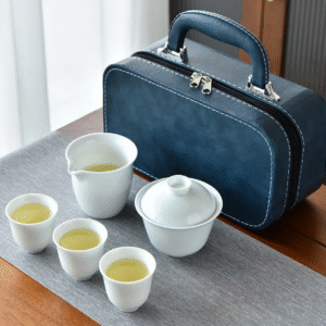 Ercai Lidded Bowl 3 cups and 1 sea + blue hand-held leather bag