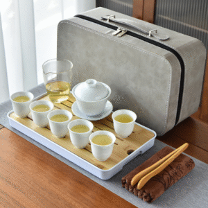 Covered Bowl 6 Pcs Set + Tea Towel, Tea Clip, Tea Tray, Large Handy Leather Bag
