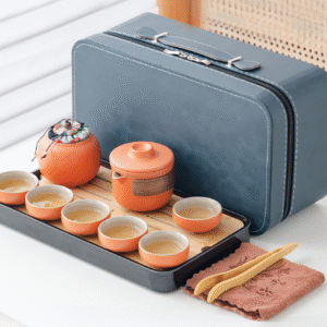 Wo Ware Orange One Pot, 6 Cups, One Canister with Towel, Clip and Tray Long Leather Bag