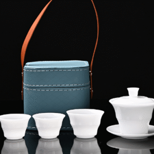 Ice Bamboo Kiln San Cai Lidded Bowl + 3 Cups + Blue Square Bag