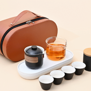 Elegant Black Pot 4 Cups + Glass Mug + Tea Canister + Tea Tray + Oval Leather Bag