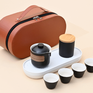 Elegant Black 4 Cups + Tea Canister + Tea Tray + Oval Leather Bag