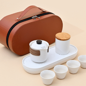 Vegetarian White 1 Pot 4 Cups + Tea Canister + Tea Tray + Oval Leather Bag