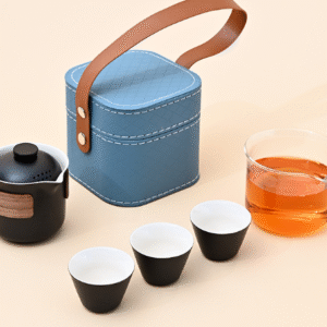 Soya Black 1 Pot 3 Cups + Glass Mug + Blue Square Leather Bag