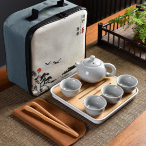Moonlight White Kiln Pot with 4 Cups + Tea Tray, Tea Towel and Tea Clips + Square Bag