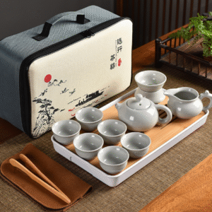 Moonlight White Kiln Pot with 6 Cups + Filter Set + Long Tea Tray + Tea Towel Clip + Long Cloth Bag