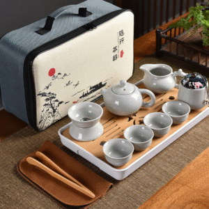 Moonlight White Kiln One Pot 4 Cups One Canister + Tea Sea + Filter Set + Long Tea Tray + Tea Towel Clip + Long Cloth Bag