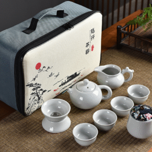 Moon White Kiln Tea Set - One Pot, 4 Cups, One Canister + Tea Sea + Filter Set + Long Cloth Bag