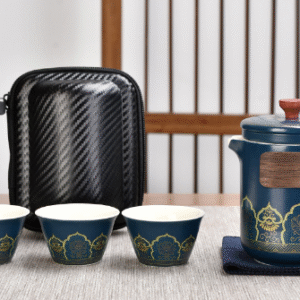 Blue Traveling Tea Set with one pot and three cups + travel bag