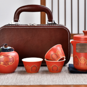 Red Traveling Tea Pot + Tea Canister + Leather Handbag