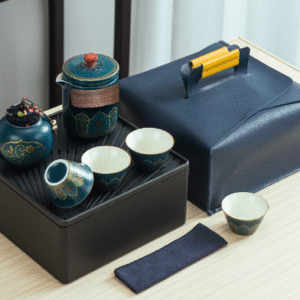Blue Traveling Tea Pot with 4 Cups and 1 Canister + Tea Tray + Tea Towel + Soft Leather Tote Bag