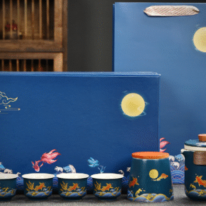 Blue One Pot, Four Cups, One Canister + Blue Koi Gift Set