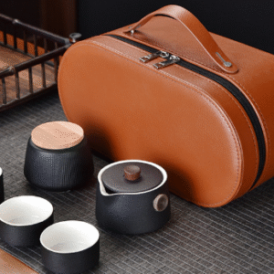Black Pot of 3 Cups + Tea Canister + Oval Leather Bag