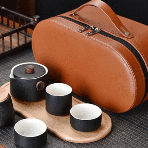 Black Pot 3 Cups + Tea Canister + Tea Tray + Oval Leather Bag