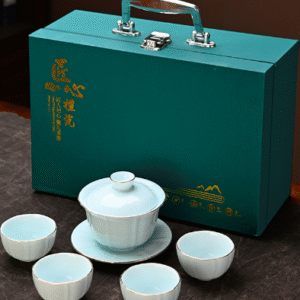 Green Lidded Bowl with 4 cups and a box in dark green color