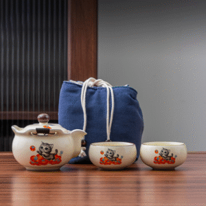 Kakizome Cat Ruyi Jug 1 pot 2 cups in blue bag