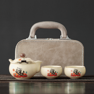 Persimmon Cat Ruyi Pot 1 Pot 2 Cups Small Gray Leather Handbag