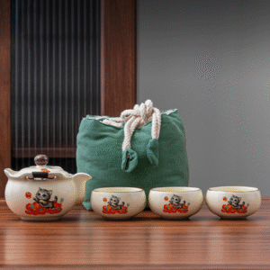 Persimmon Cat Ruyi Pot 1 Pot 3 Cups Green Bag