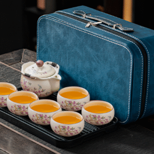 Wisteria Flower Ruyi Pot 1 Pot 6 Cups with Tea Tray Large Blue Tote Leather Bag